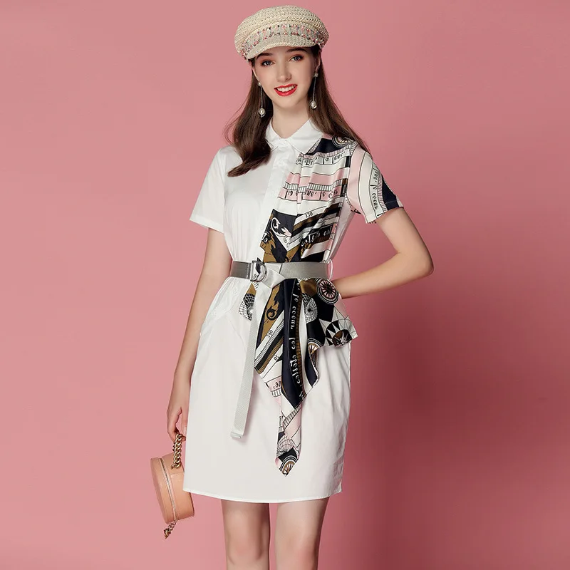 

Irregular printed silk scarf patchwork short-sleeved shirt dress women