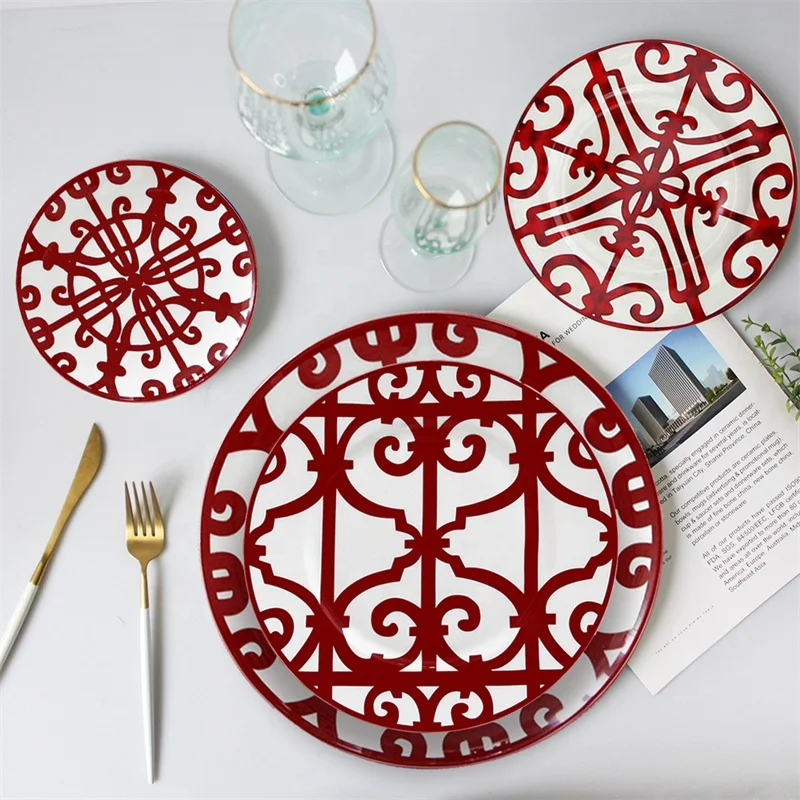 

Wholesale bone china dinnerware sets red window grille pattern 4pcs porcelain dinner plate sets, As product