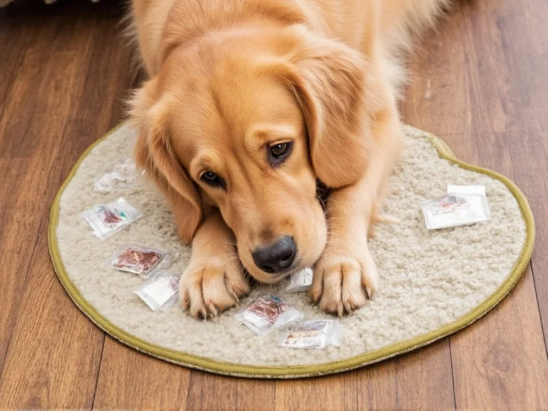 Golden retriever safely using completed snuffle mat with visible treat pockets