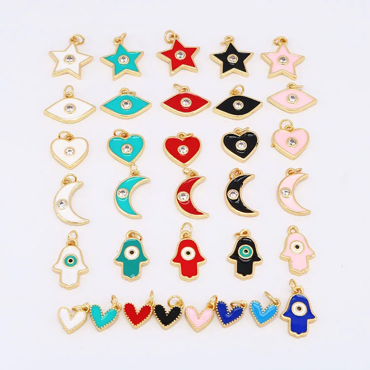 

CZ7898 Chic mini Enamel Gold Plated Evil Turkish Eye Hamsa Hand Star Crescent Bracelet Charm Pendants