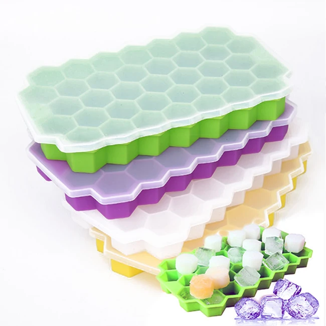 

wholesale food grade 37 cavity popsicle mold honeycomb silicone ice cube trays maker with lid and bin, Yellow,purple,green,transparent