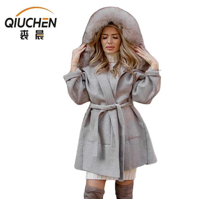 

QIUCHEN- QC19055 winter women fall long real fox fur cashmere jacket double faced fur wool coat women, 8 colors