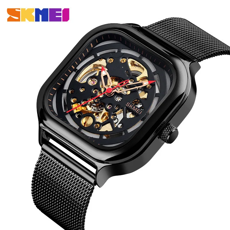 

SKMEI Automatic Mechanical Watch Men Waterproof Hollow Art Strainless Steel Mesh Strap Watches Montre Homme Fashion Clock 9184, 4-color