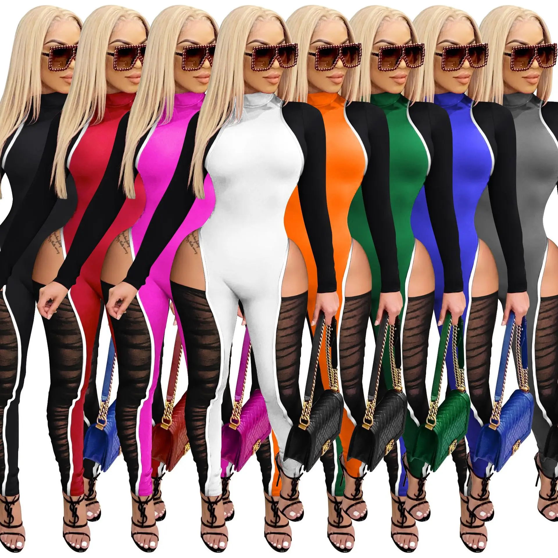 

New arrivals fashion mesh open waist jumpsuit one piece jumpsuit, As picture