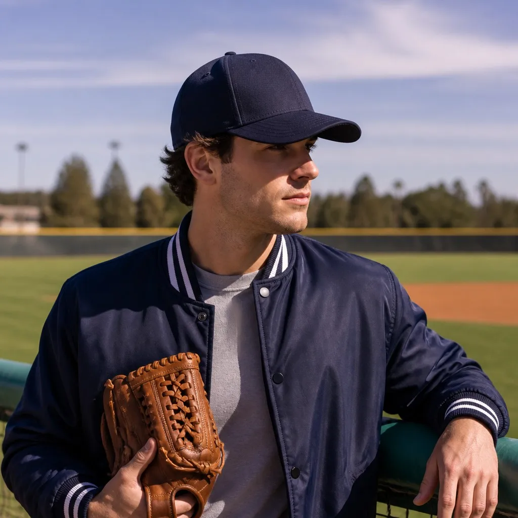 Young Athlete in Navy Varsity Bomber Jacket with Baseball Glove Wearing Navy Cap at Ballpark