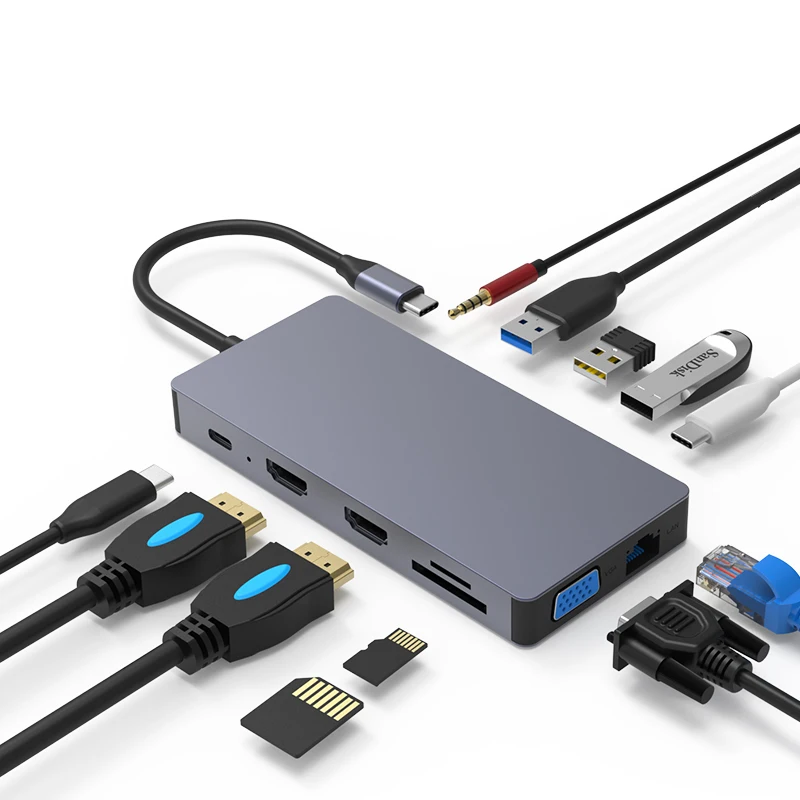 

Dual Hdtv 12 Ports Type C Hub Aluminum Multi Port Usb Adapter 12 In 1 Usb C Hub For Laptop