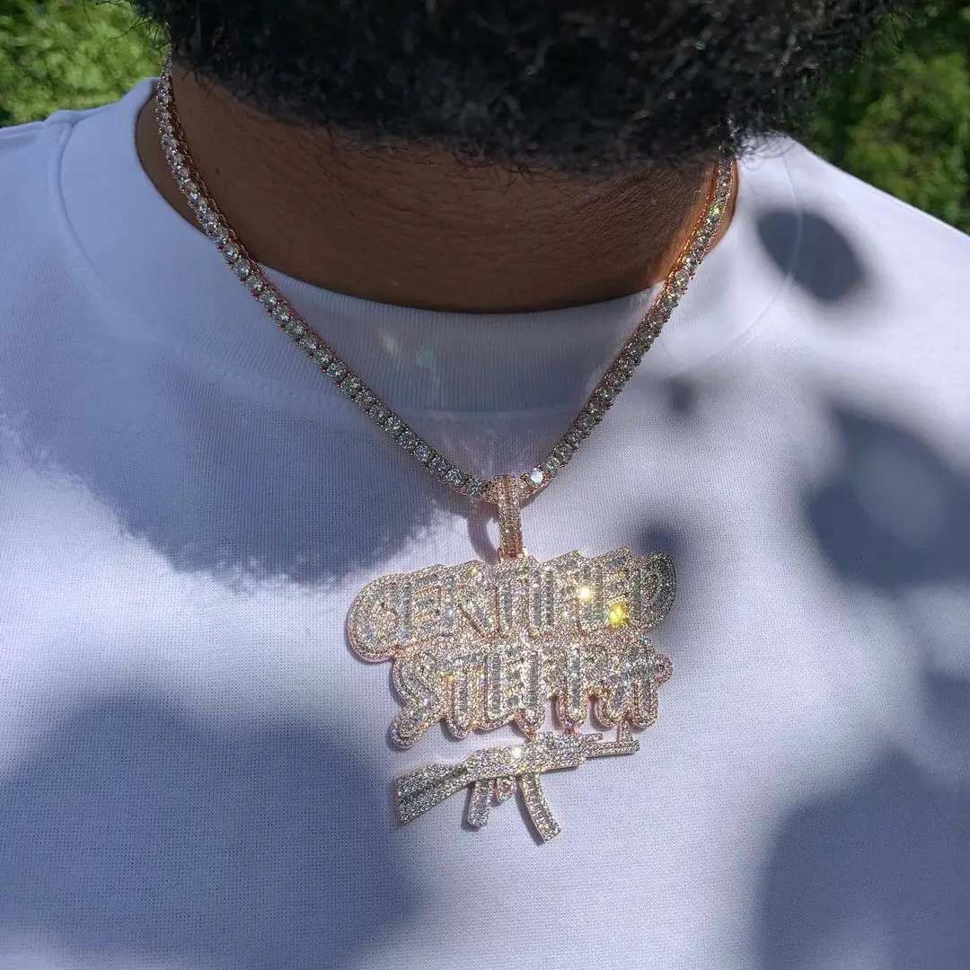 

top quality bling full diamond punk hip hop men boy jewelry micro pave cz gun shape letter certified steppa pendant necklace
