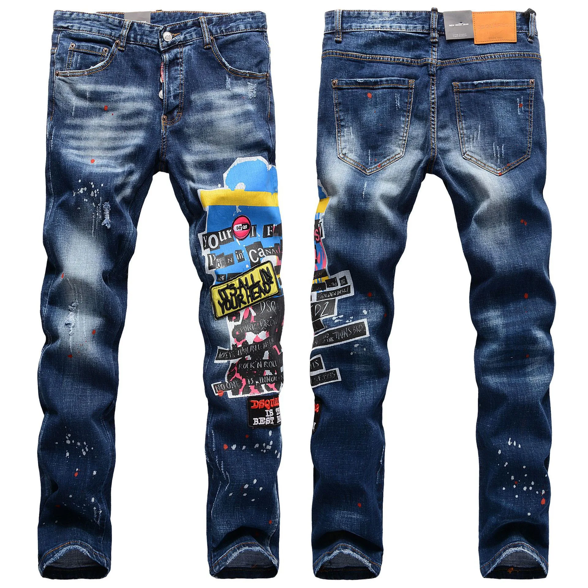 

Streetwear paint splatter design mens distressing ripped denim jeans