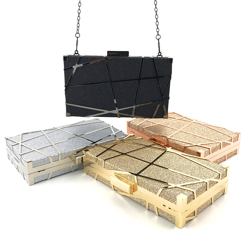 

Gold Pu Leather Evening Clutch Bag Metal Hollow Out Purse Wedding Party Handbag, Golde