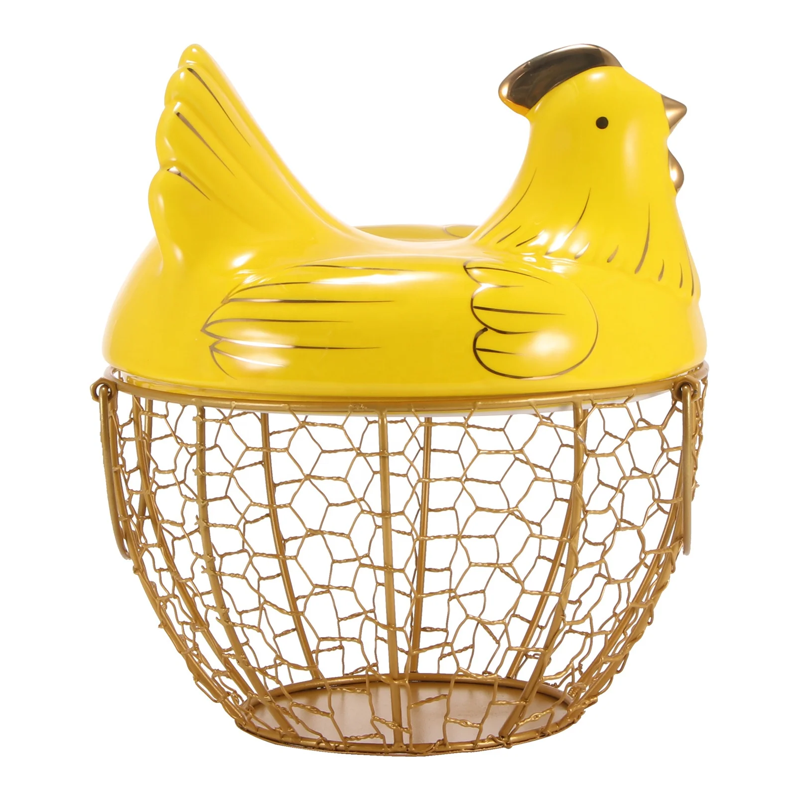 

Cute Ceramic Egg Basket Iron Egg Container Hen Lid Fruit Container Snack Collection For Kitchen Egg Fruit, Orange+golden