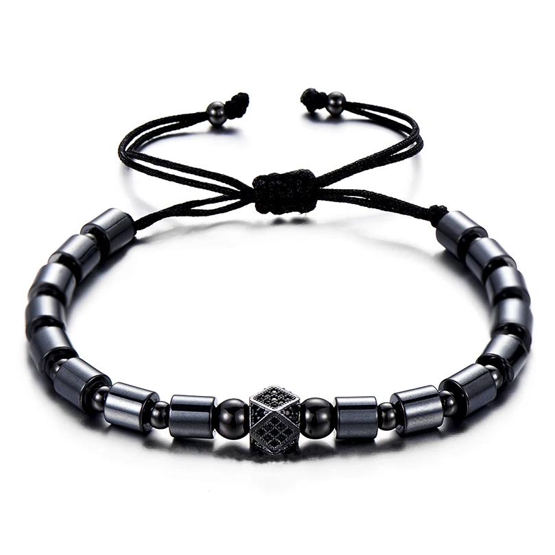 

Male Vintage Black CZ Geometric Bead Bracelet Jewelry Hematite Macrame Men Bracelets & Bangles pulseras hombre bileklik