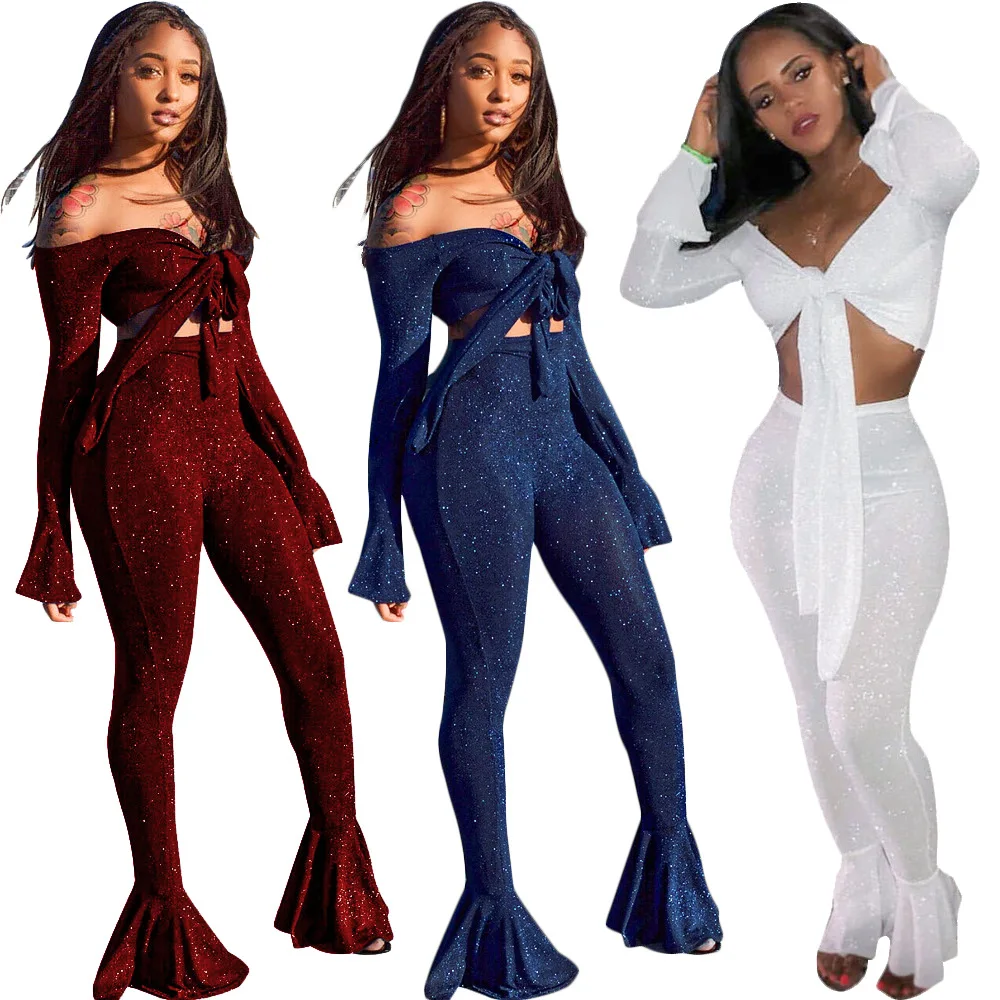 

Hot Sale Club Outfits For Women's Sexy Silk Strenthchy Long Sleeve Bow Tie Top Flared Pants Women 2 Piece Set