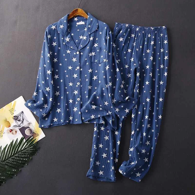 

Japanese spring and autumn couples cotton crepe sleepwear suit button casual men long-sleeved trousers sleepwear home service wo