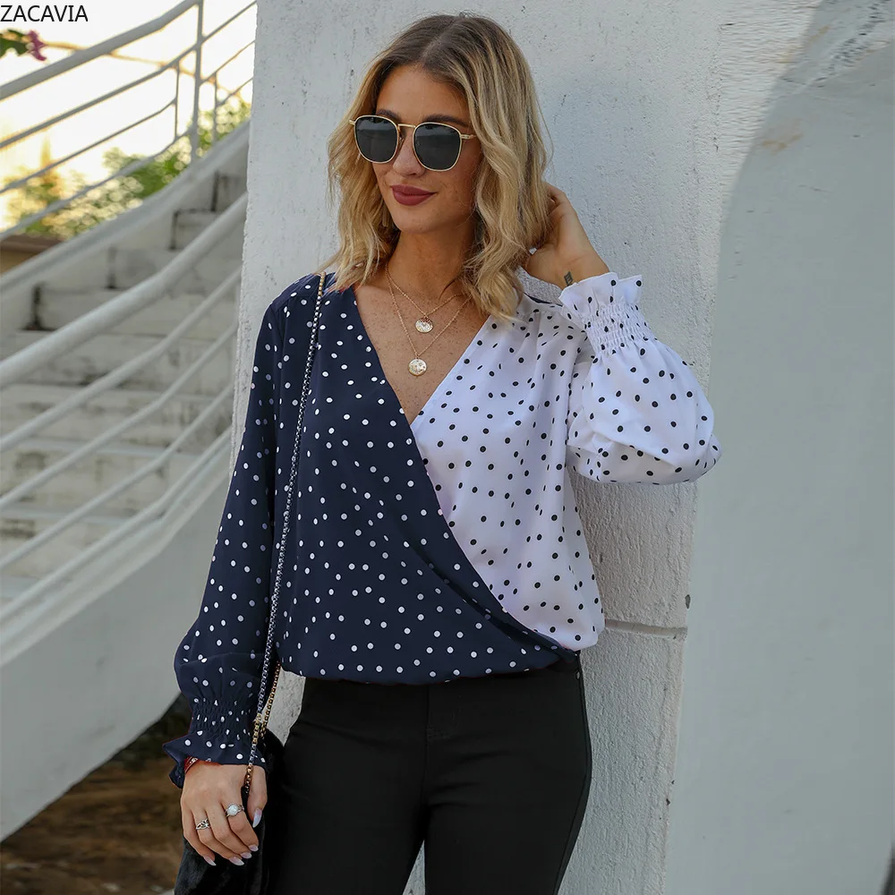 

ZACAVIA 2021 Spring Summer New Style Shirt Women Polka Dot Printing T-shirt Casual Loose V-neck Blouse, Photo color