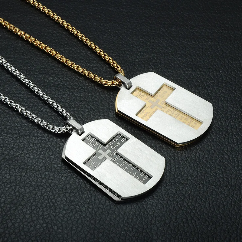 

Hollow Cross Military Tag Necklace Stainless Steel Stacked Double Layer Cross Prayer Dog Tag Pendant Fine Jewelry, Customized color