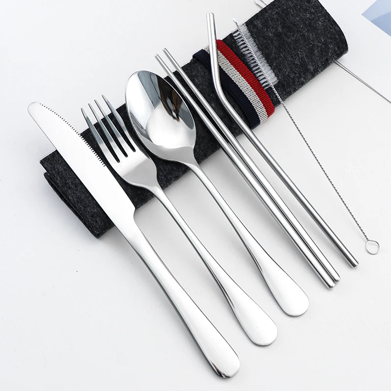 

Flatware wholesale camping cutlery Eco-Friendly reusable stainless steel cutlery set knife spoon fork chopsticks straw with bag