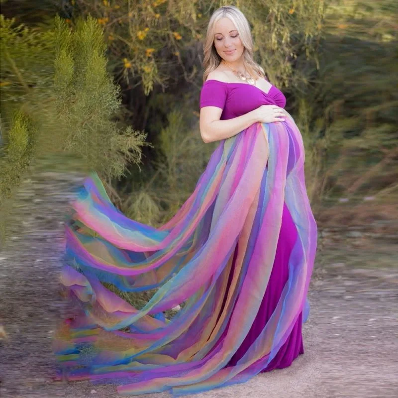 

Maternity Gown Lace Maxi Dress V Neck Short Sleeve Women Rainbow mesh Photography Pregnancy Dress For Photo Shoot Pregnant Dress