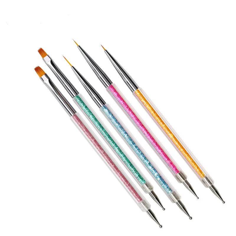 

5pcs/set Nail Art Two Head Brush Pen Sequins Acrylic Handle UV Gel Polish Painting Drawing Line Flat Dotting Tips Tools, By picture