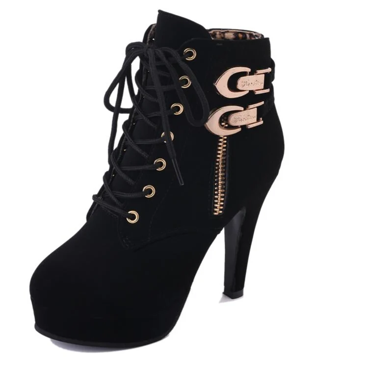 

Fashion ladies chunky high heel boots black women cross straps round toe boots women, Black brown