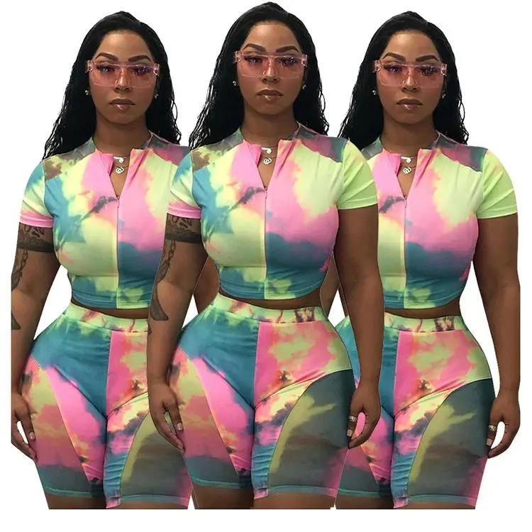 

0420M306 Cheap Price Summer Crop Top And Shorts Tie Dye Casual Two Piece Woman Sports Tracksuit Leisure Print 2 Piece Pants Set