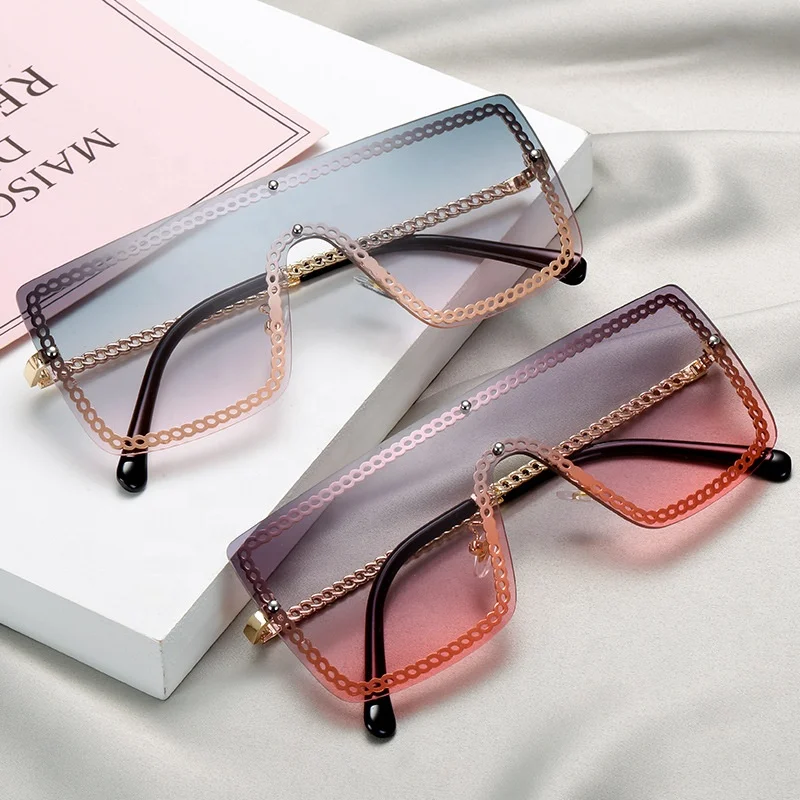 

2021 Trendy Vintage Rimless Square Oversized Photochromic Womens Lady Eyewear Sunglasses Chain, Picture