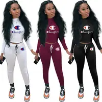 

2019 hot sell fashion 3colors women sexy long sleeves crop top Two Piece letter print tracksuits Outfits 2 Piece Set