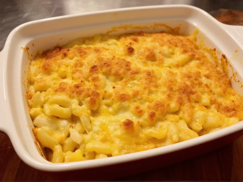 Golden baked mac and cheese in ceramic dish with crispy top