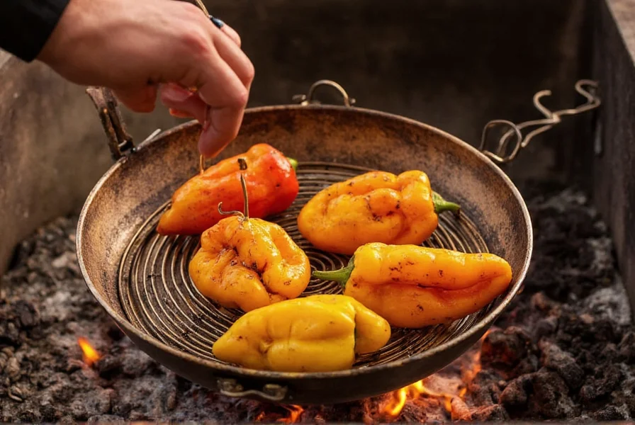 Chef roasting fresh Hatch peppers over an open flame in a traditional metal roasting basket
