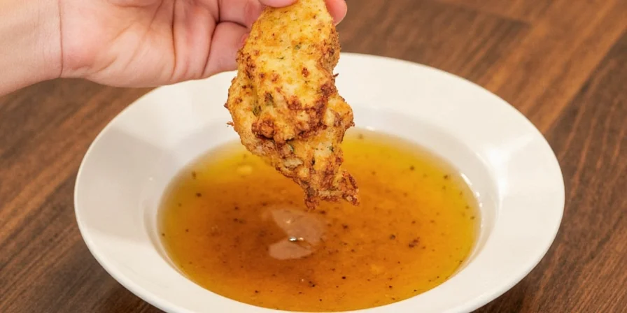 A beautifully presented bowl of dipping oil with crusty bread on the side