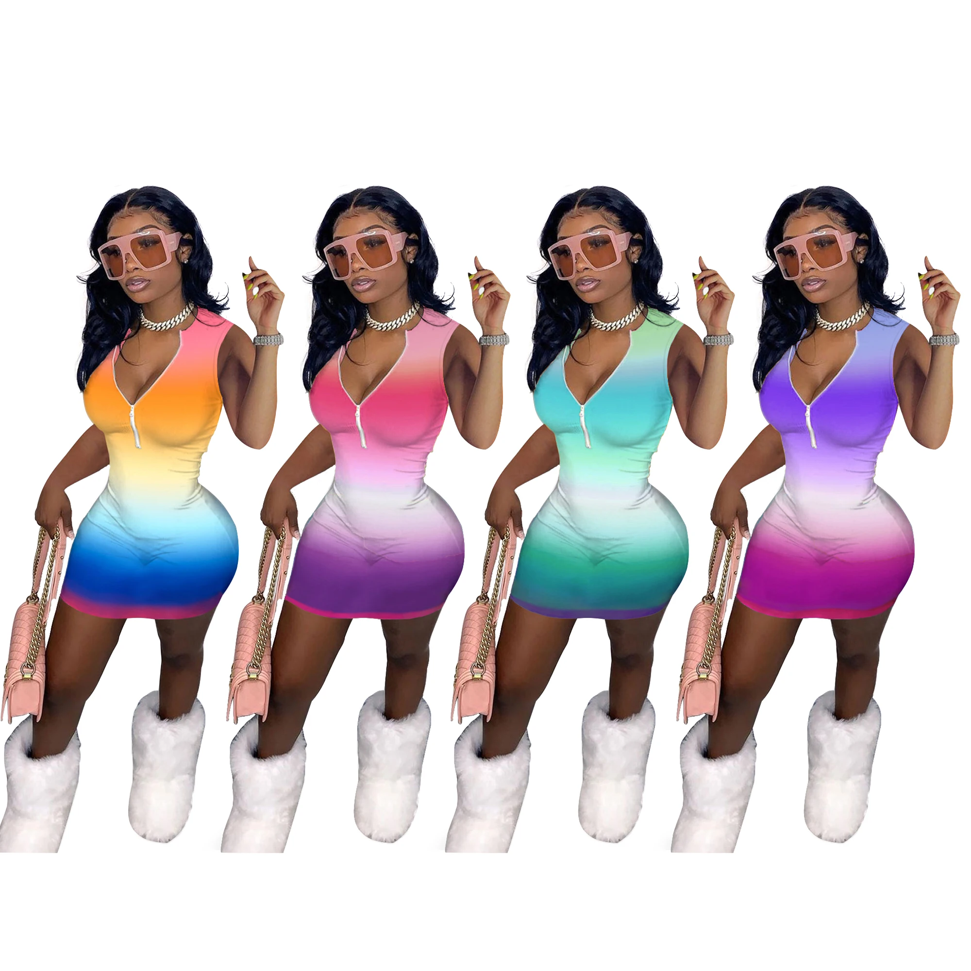 

Rainbow Striped Summer Neon Clothing Casual Dress Tie-dye Print Sleeveless Dress Deep V-neck Sleeveless Casual Bodycon Dress, Yellow, purple, light green, rose