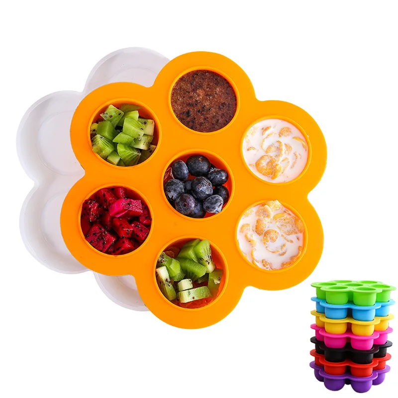 

7 Cavities Divided Silicone Baby Food Storage Container Snack Freezer Tray With Clip-on Lid, Orange/red/blue/yellow/purple/light purple/black/rose red