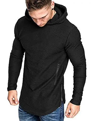 

Wholesale t-shirt Customize Logo Men round neck slim solid color hooded long-sleeved t-shirt pocket hem zipper men clothing, 5 colors
