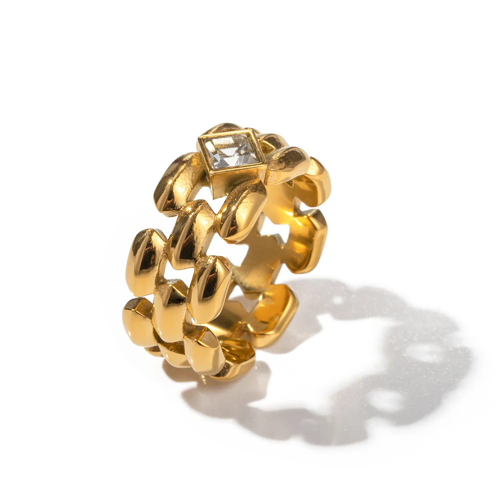 

Geometric 18K Gold Plated Watchbelt Ring Stainless Steel Hollow Cubic Zirconia Chain Finger Ring for Women Gift