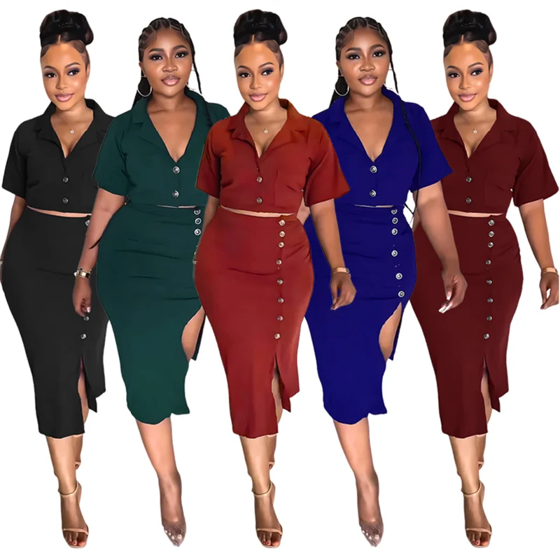 

YQY10222 Trendy Two Piece Set Women Clothing Short sleeve Suit And Split Skirt And Top Set For Women 2 piece Outfits For Women