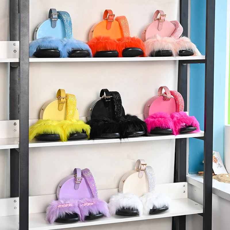 

3 Piece Acrylic Clutch Bags Women Purses And Handbags Ladies Fox Fur Slides With Chain Crossbody Round Bag Match Headband Set, 8 colors