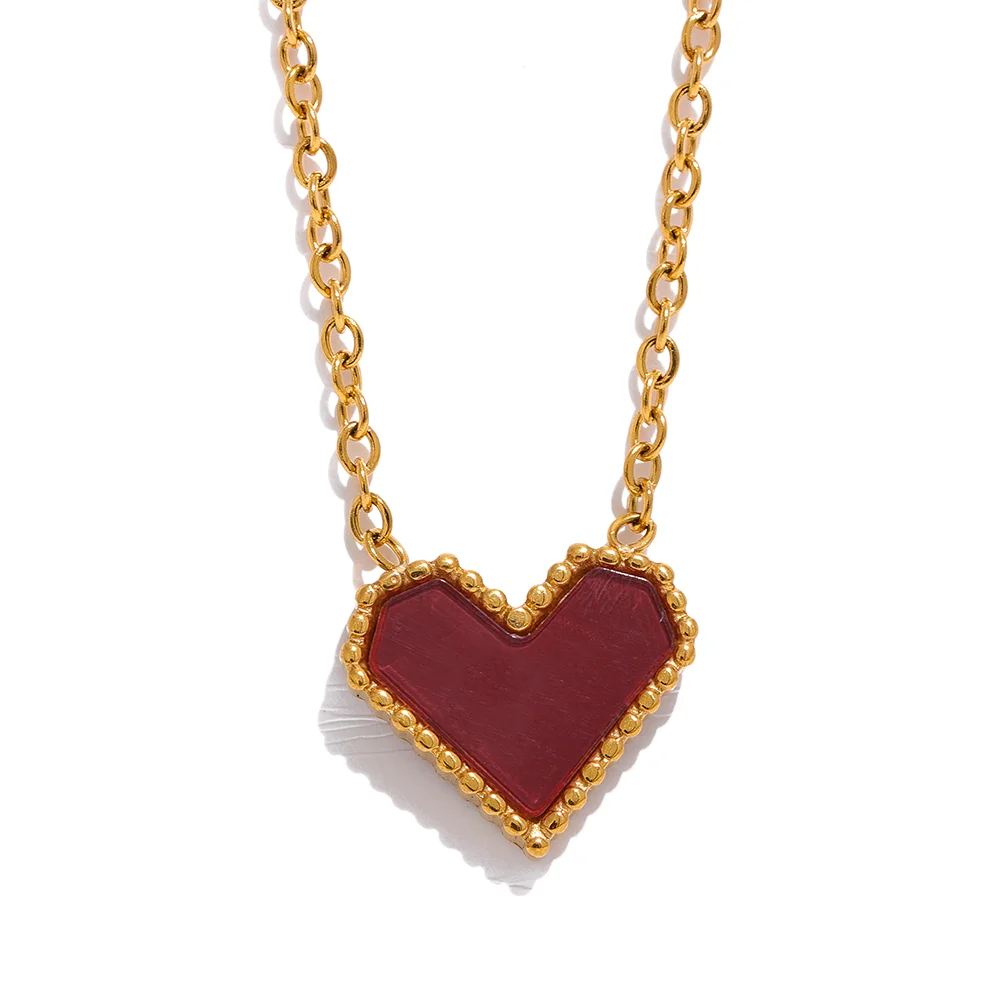 

JINYOU 1602 Red Acrylic Heart Pendant Stainless Steel Romantic Necklace Women Exquisite Trendy Jewelry 18K PVD Plated Wholesale