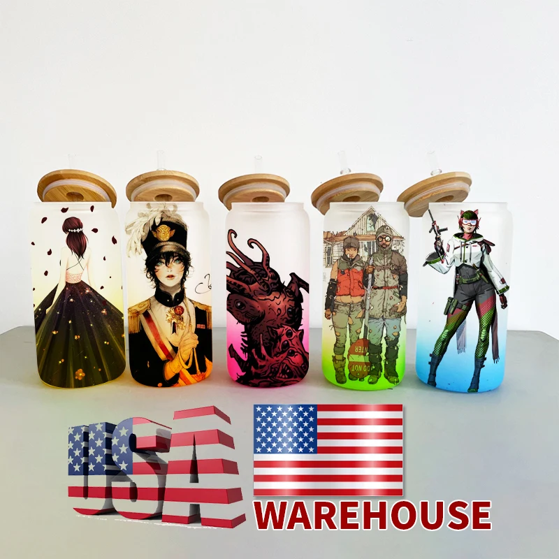 

US warehouse 16oz DIY blank sublimation Can Shaped Beer Glass Cups with clear plastic straw beer can glass for iced coffee, soda