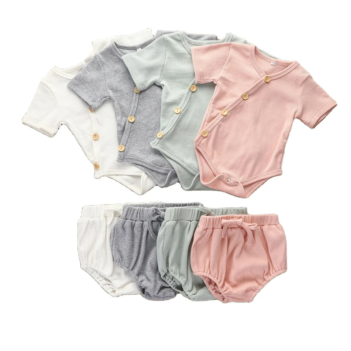 

Custom OEM ODM Baby Ribbed Cotton Kimono Romper Draw String Short Bloomer Clothes Set Toddler Girl Summer Outfit, Photo showed and customized color