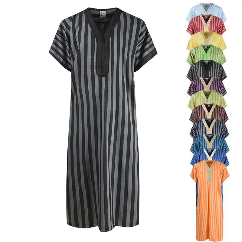 

HJ AMMR08 Eid Abaya Holesale V-Neck Linen Robe Short Sleeve Long Moroccan Kaftan For Men, White, gray, cyan, navy white blue, light green blue, navy blue