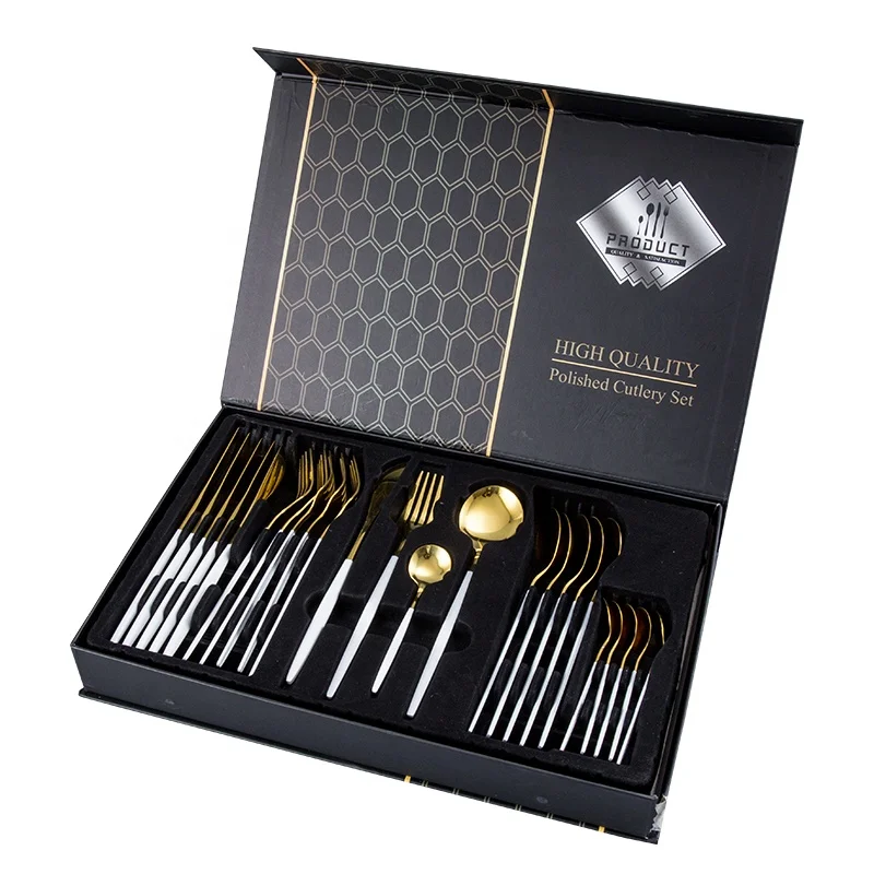 

Luxury Fork Spoon Flatware Gold Plated 24pcs Cutlery Set Stainless Steel with White Handle, Golden+white
