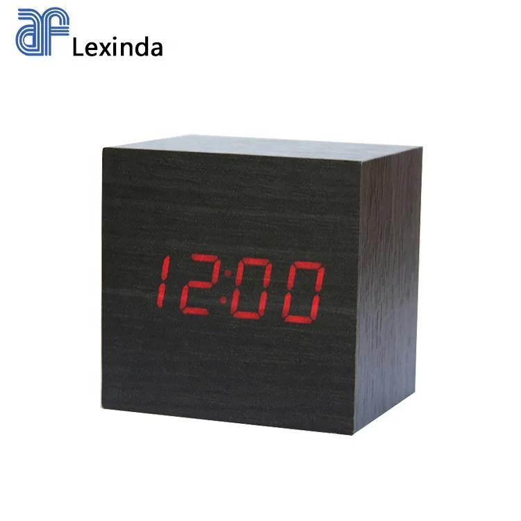 

Small cube home decorate promotional gift wooden LED digital alarm clock with time date temperature display, Black/white/brown/bamboo
