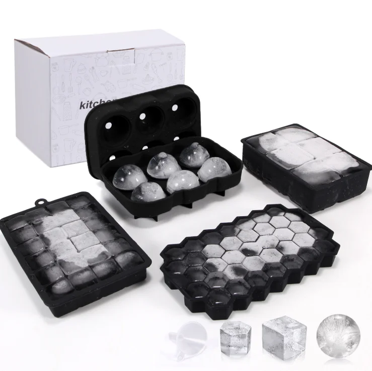 

Silicone cube tray and spherical whiskey tray mold set 4-piece ice cube tray with lid