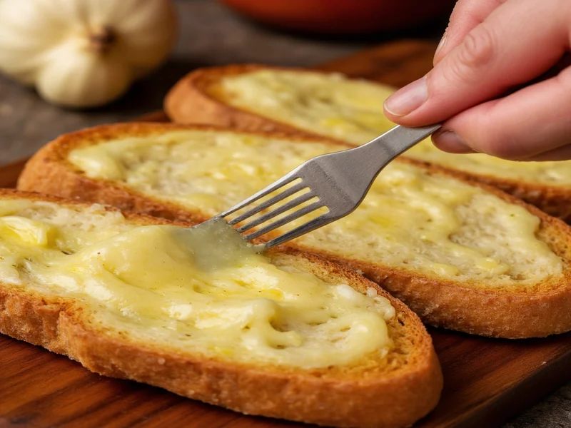 Spreading garlic butter on toasted bread slices