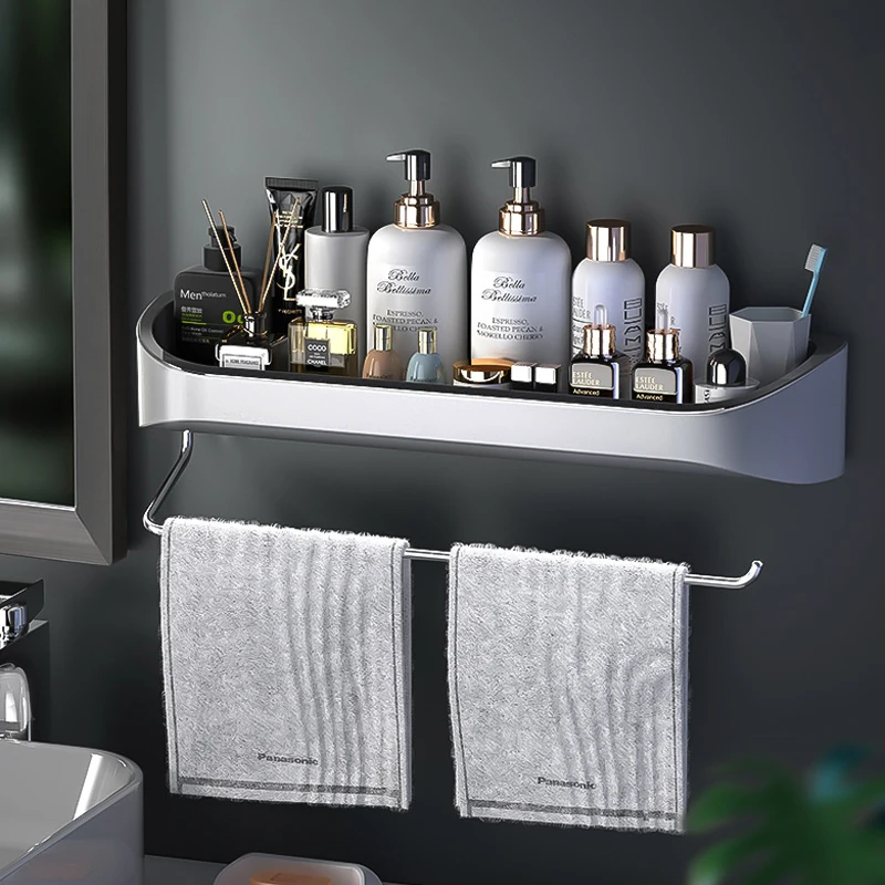 

Hot Selling Bathroom Toiletries Shelf Shower Storage Organizer Rack with Towel Bar for Bathroom, White+grey,white+black