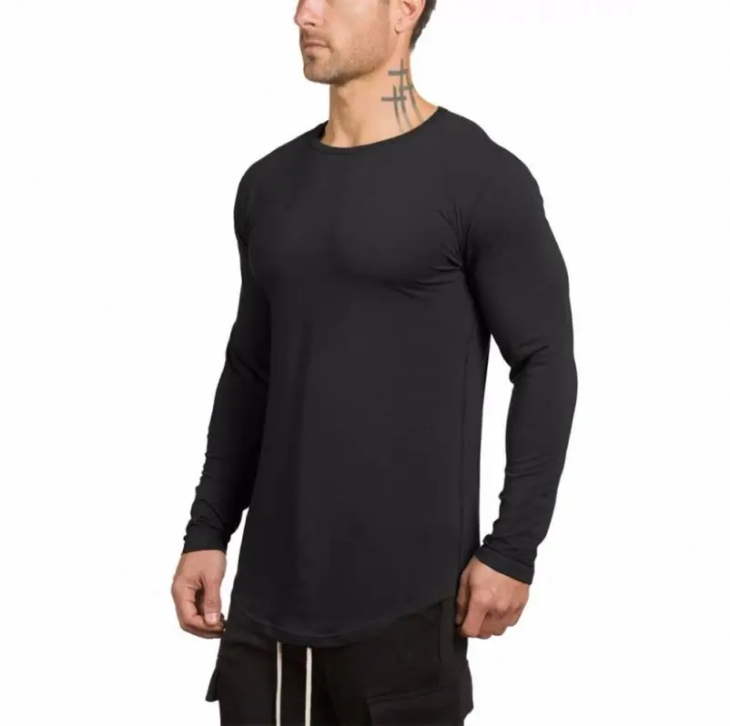 

High Quality Long Sleeve scallop Hemp Longline T Shirt mens Clothing longline quick dry tshirt,gym sport t-shirts