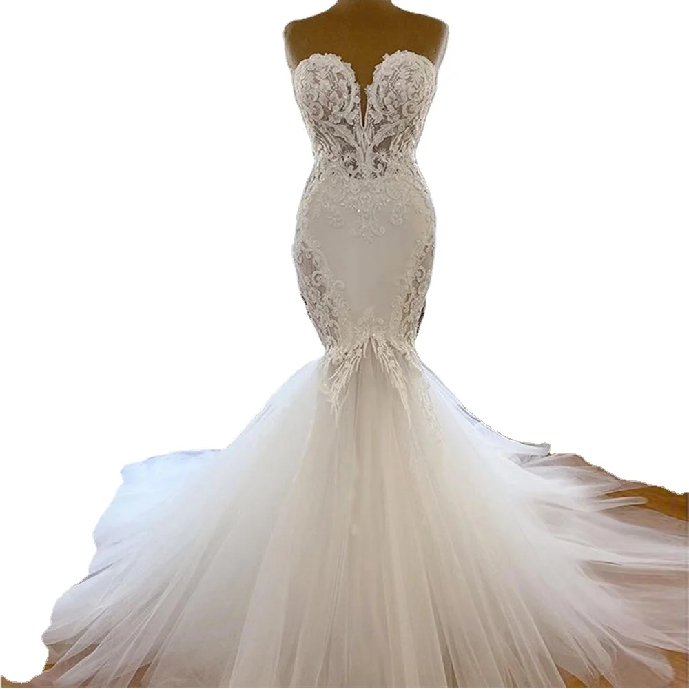 

Fashionable Backless Mermaid Wedding Dresses Spaghetti Strap Lace Bridal Gown Chapel Train Vestido De Novia