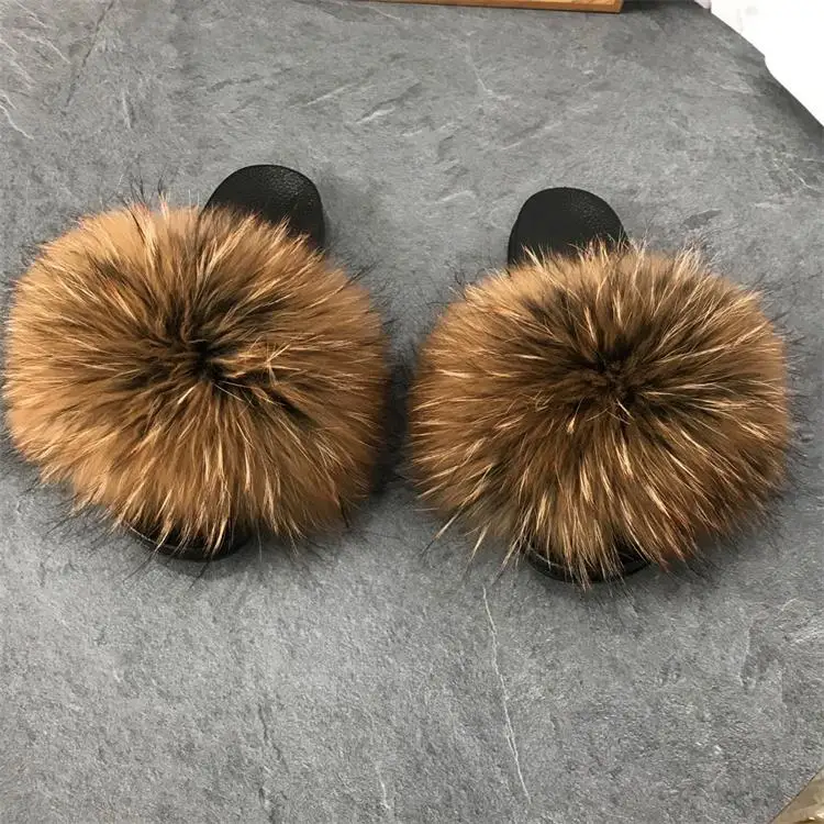 

New style hot sale wholesale designer custom logo big real raccoon 100% furry fur slides for women, Customized color