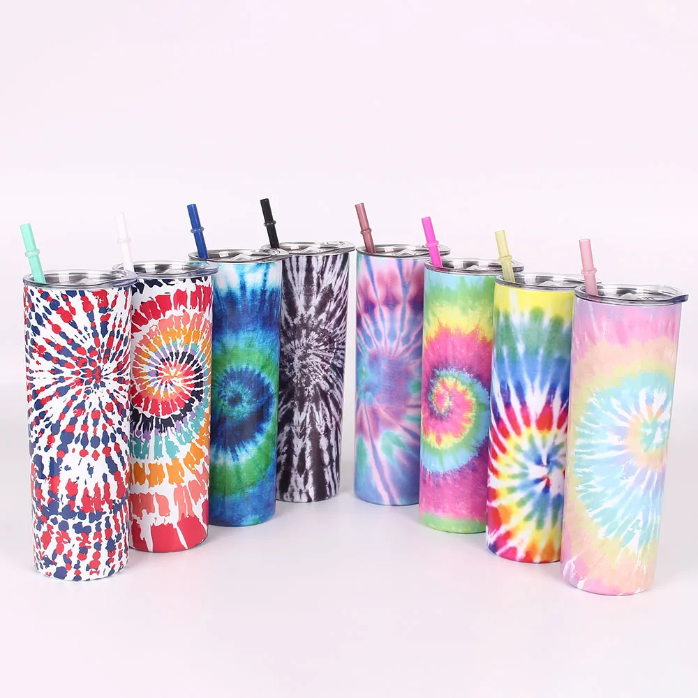 

Tie dye 20oz Skinny tumbler stainless steel double wall vacuum Insulation cup Keep Drinks Hot or Cold Mug With lid and straw, Customized colors acceptable