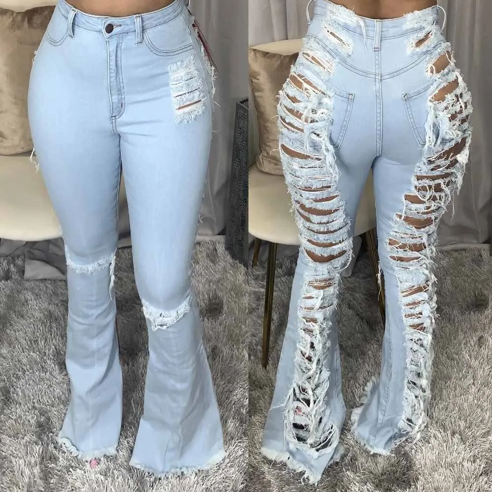 

2021 women denim pants fashion flare trend bell bottom distressed denim ripped jean women