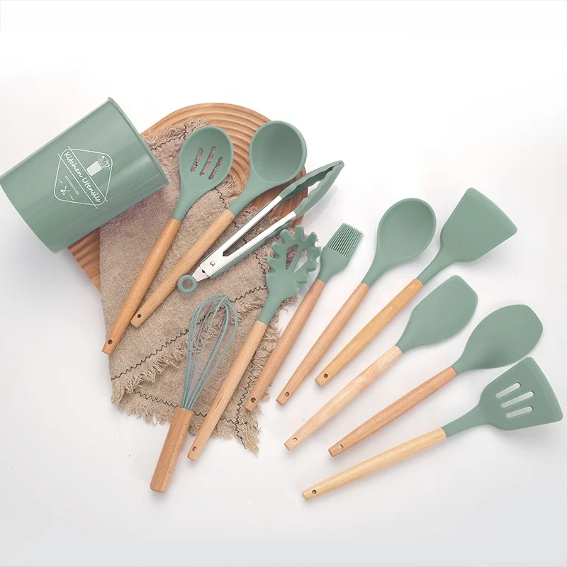 

12pcs light green Silicone Kitchen Utensil Set Wooden Handle Durable Kitchen Tools For Home.Restaurant.Hotel.Wedding